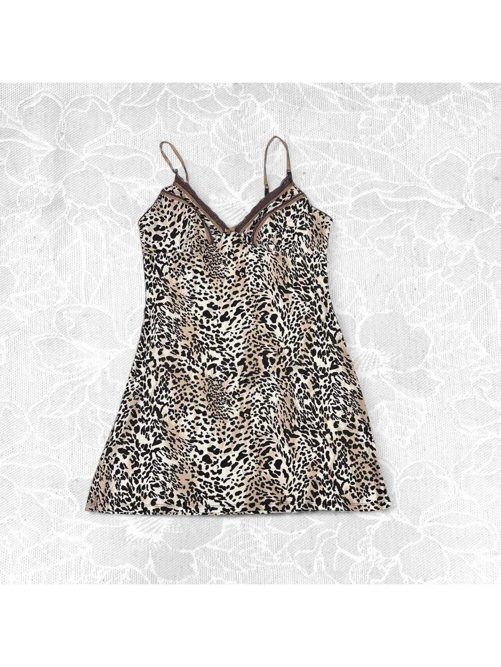 Animal Print Slip Dress with Lace Trim Along Neckline - Medium